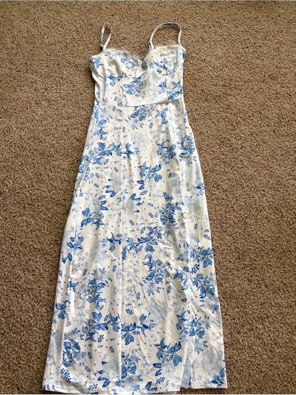 White & Blue Floral Maxi Slip Dress with Spaghetti Straps